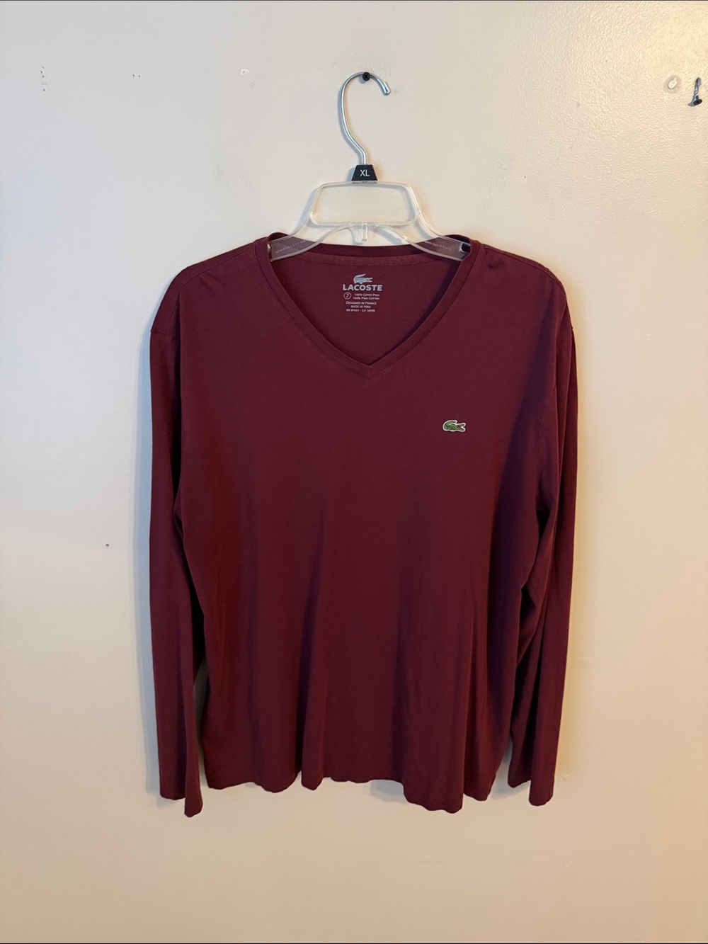 Lacoste V Neck Long Sleeve Shirt 100% Pima Cotton Burgundy Size 7 Large/XL